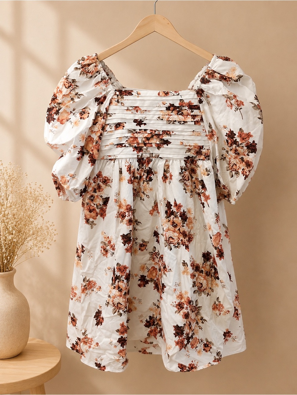Rare Editions Cream Floral Puff-Sleeve Dress with Brown and Rust Blooms